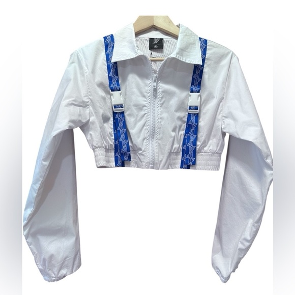 Jackets & Blazers - LF The Brand White Buckle Cropped Bomber Jacket with Blue Suspenders